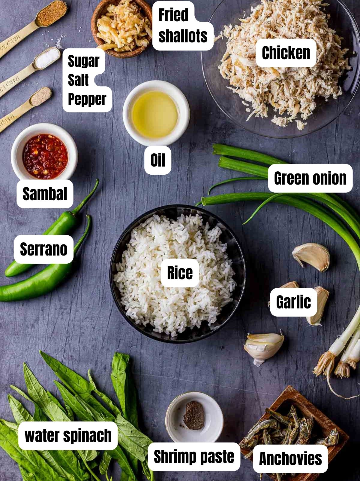 ingredients for nasi goreng kampung on a blue background