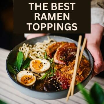 a bowl of ramen with toppings and text overlay