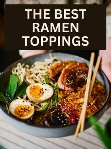 a bowl of ramen with toppings and text overlay