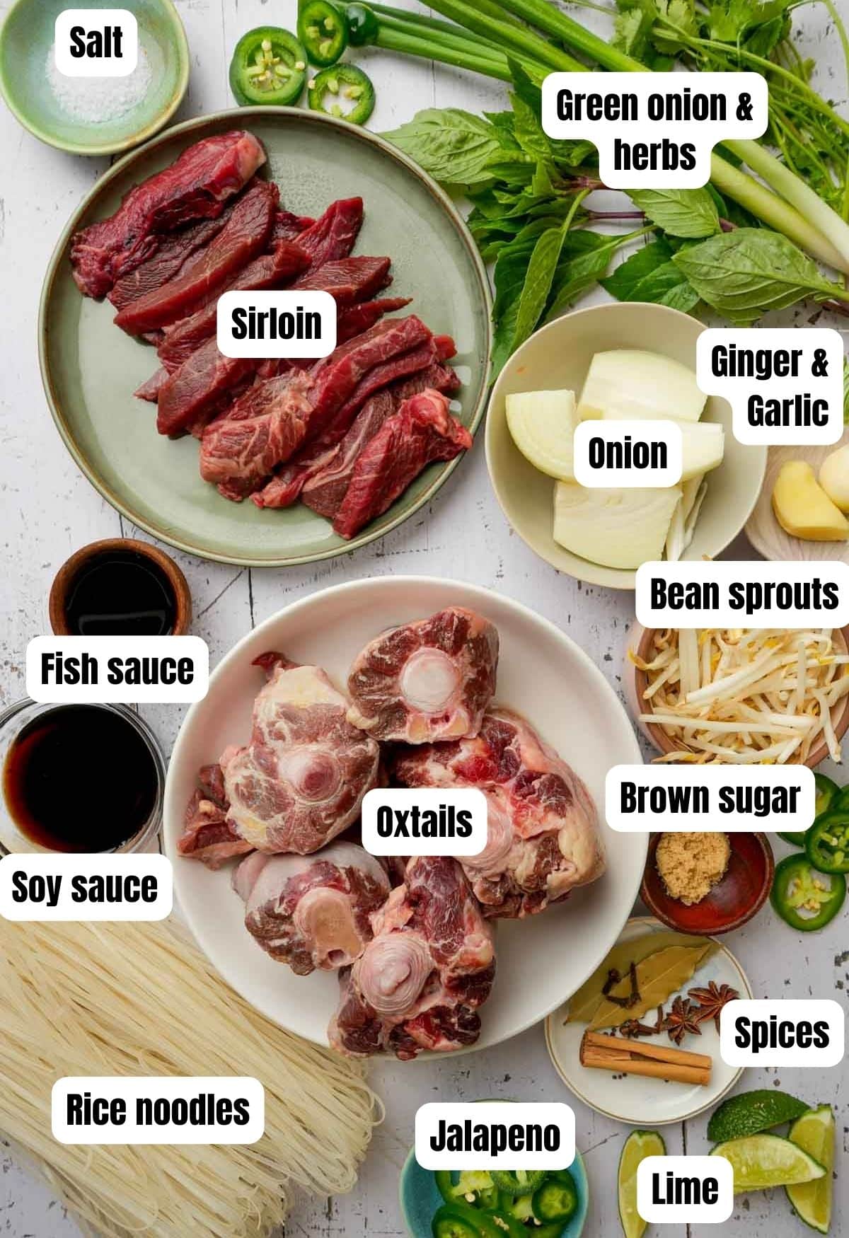 ingredients for pho tai on a white board with text labels
