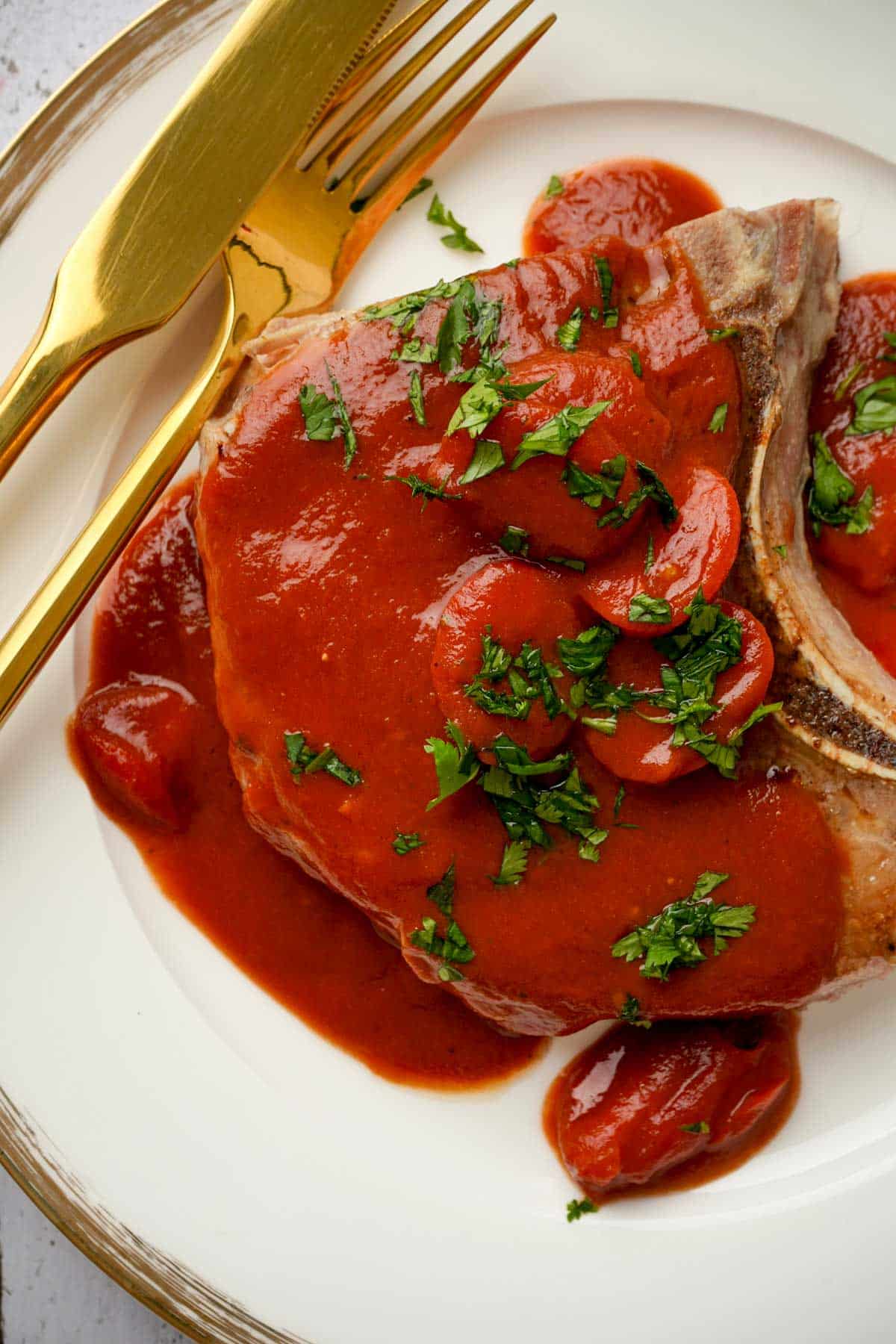 tomato sauce smothered bone in pork chop on a plate