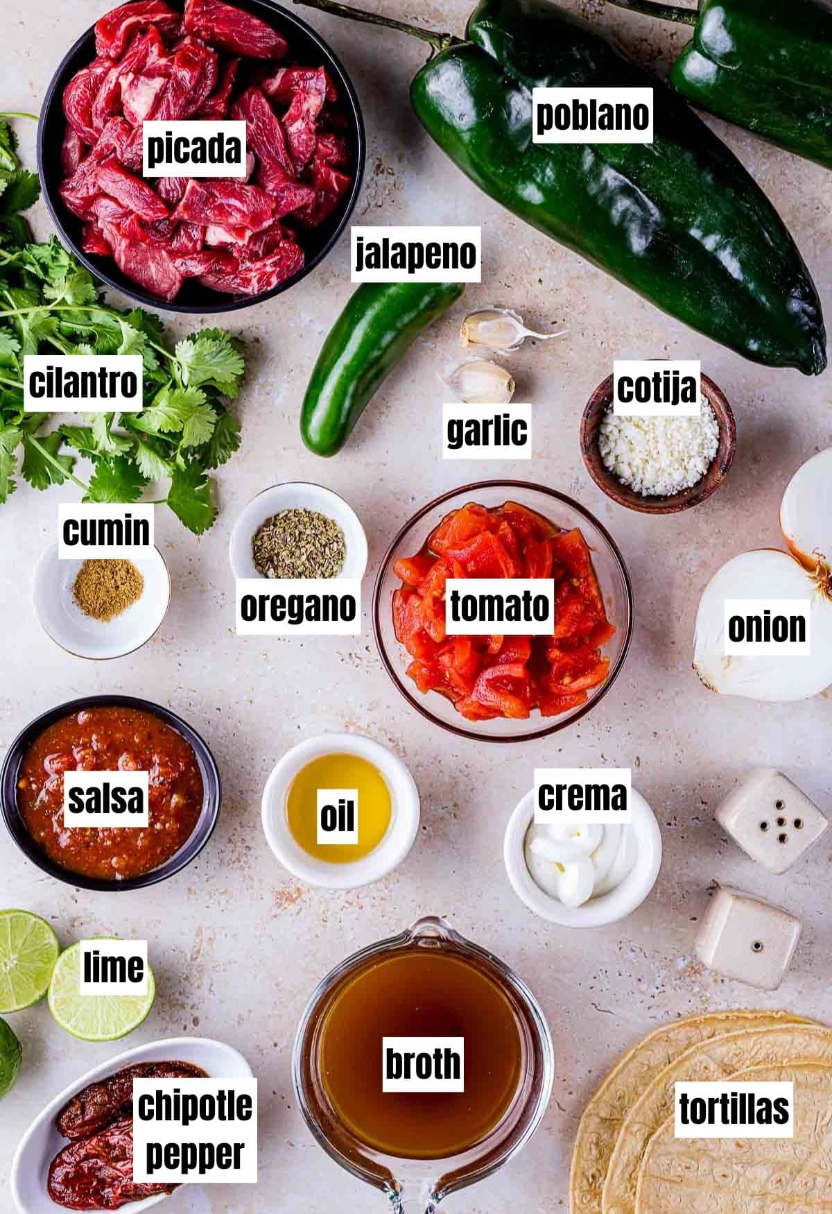 ingredients for carne picada on a white board with text overlay