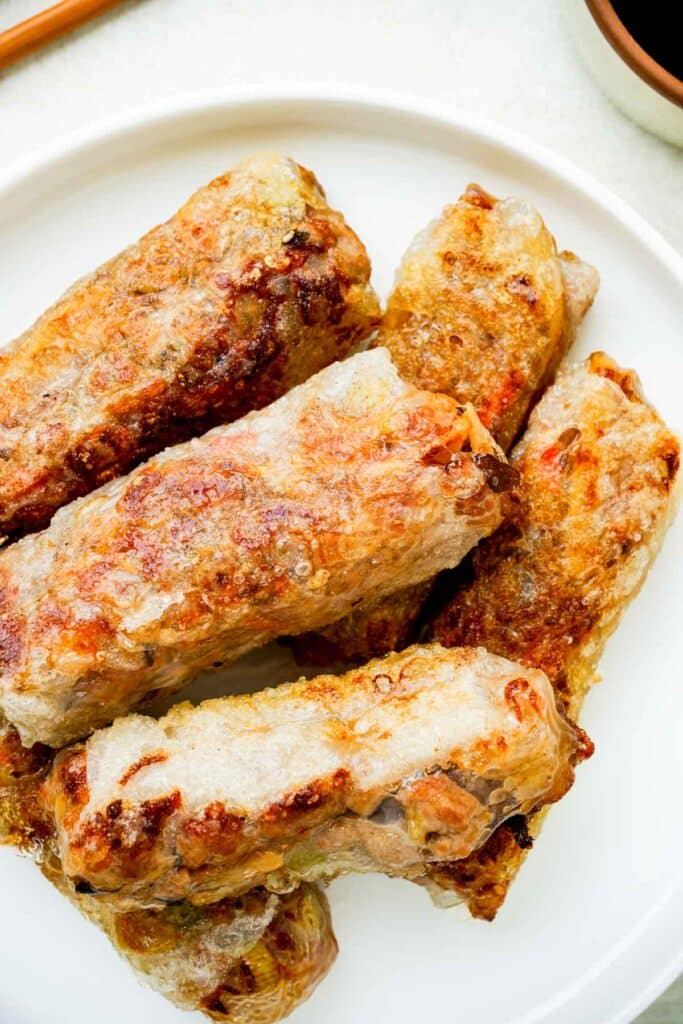 fried japanese spring rolls on a plate.