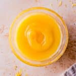 meyer lemon curd in a glass bowl.