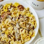 creamy beef stroganoff in a bowl with mushrooms.