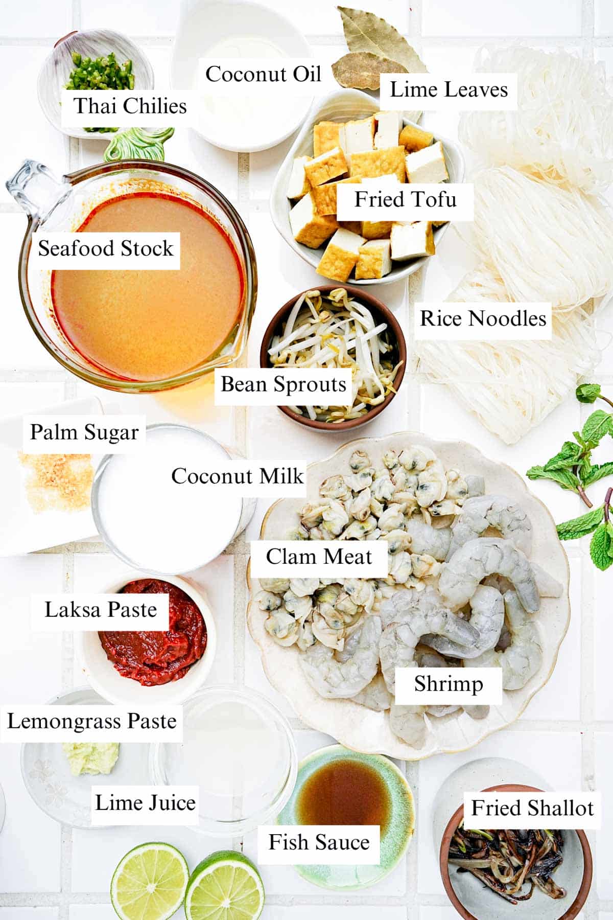 ingredients for singapore seafood laksa on a board.