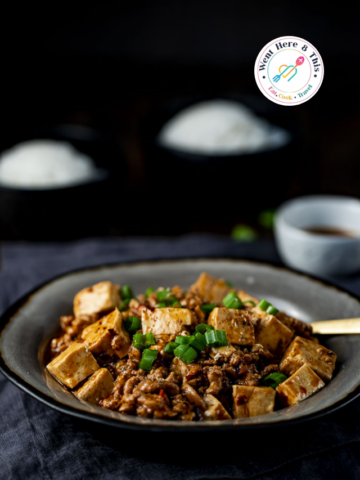 A shallow ceramic bowl of authentic Mapo Tofu featuring silky tofu cubes and ground pork in a spicy, dark red chili oil sauce, garnished with fresh green onions.