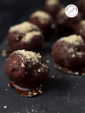 : Smooth, round no-bake cheesecake bites coated in a rich, dark chocolate shell and sprinkled with finely crushed graham cracker crumbs on top, displayed on a dark slate background.