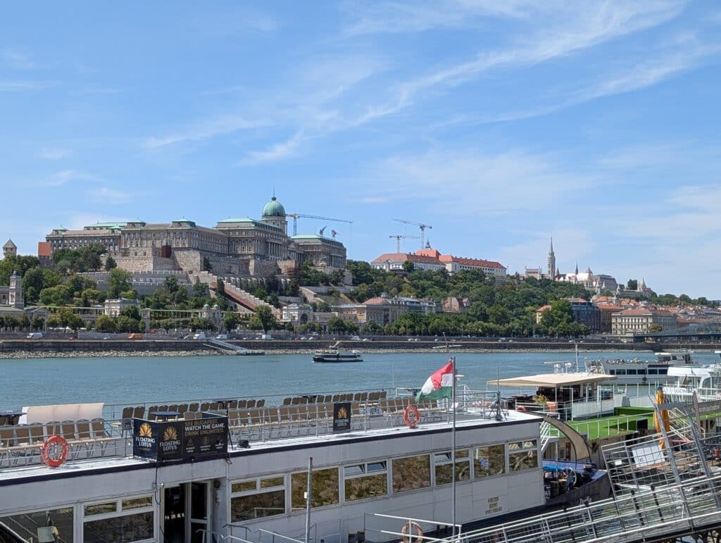 Buda Castle (Royal Palace) complex situated on Castle Hill in Budapest with the Danube River in the foreground.