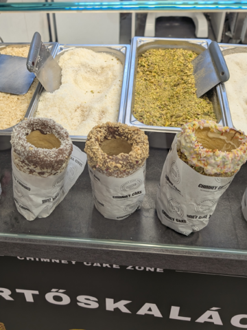 Various Hungarian Chimney Cake at a shop
