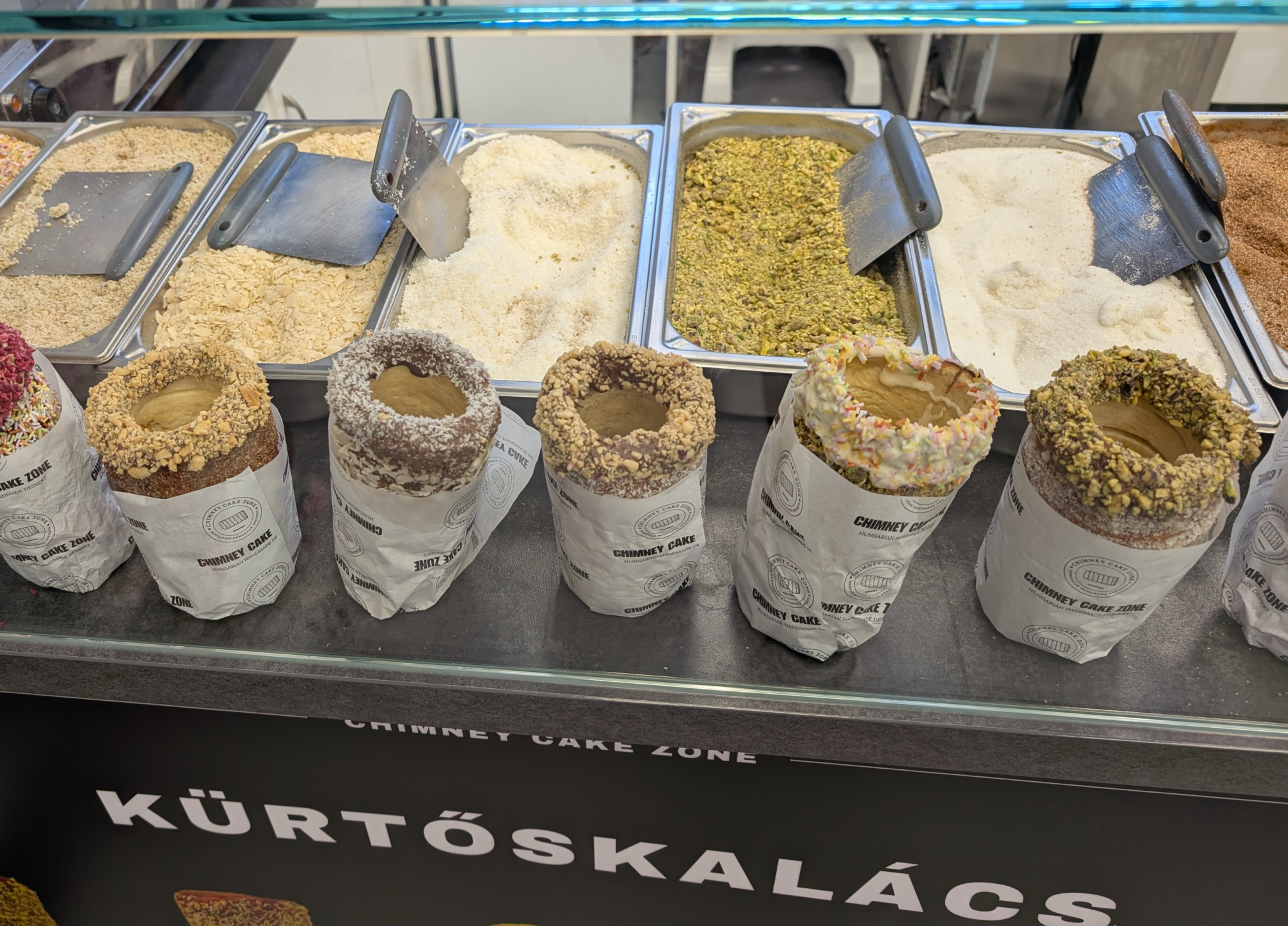 Various Hungarian Chimney Cake at a shop