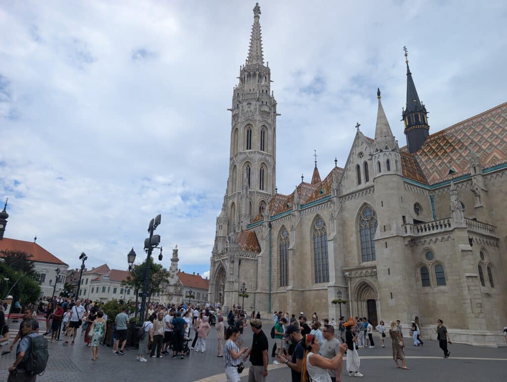 Matthias Church in Budapest, Hungary, a landmark famous for its ornate Gothic Revival architecture and colorful roof tiles