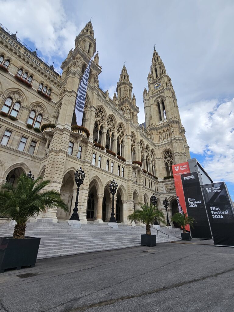 The grand Gothic Revival facade of the Vienna City Hall (Wiener Rathaus). Designed by Friedrich von Schmidt and built between 1872 and 1883.