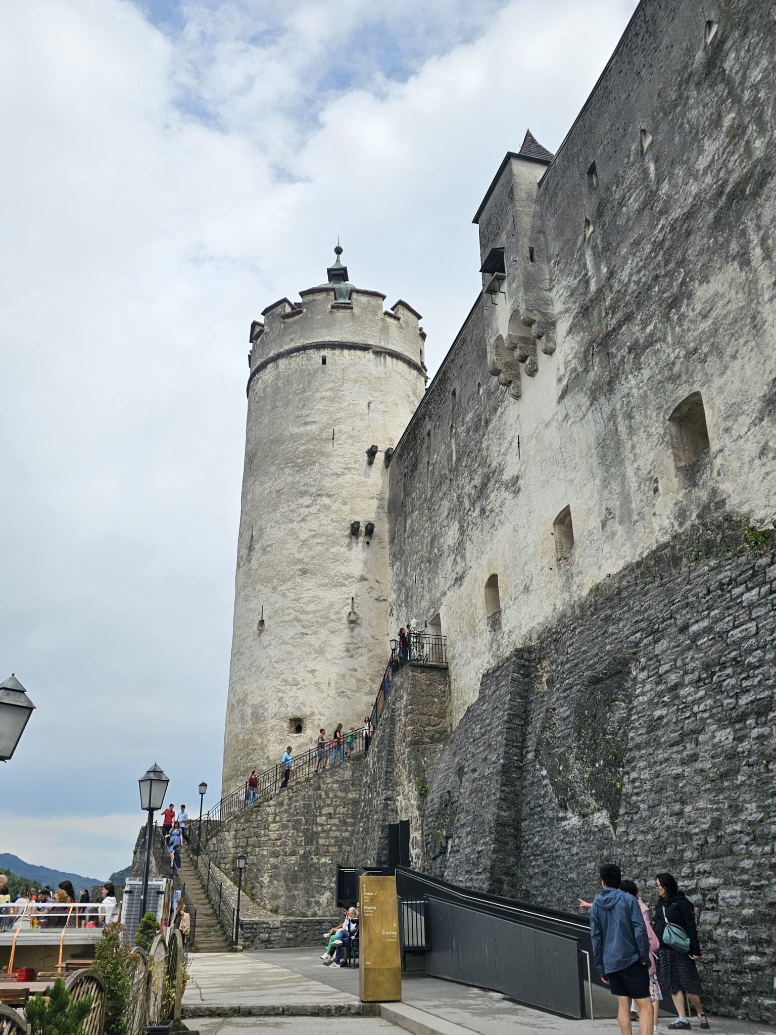 The courtyard exterior wall and round tower at Hohensalzburg Fortress in Salzburg, Austria. Built in 1077 by the prince-archbishops of Salzburg.