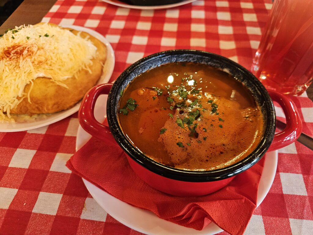 Vega Goulash Soup with Sour Cream & Cheese Lángos at Retro Goulash House