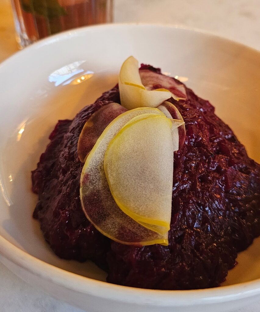 Braised Beetroot with Fermented Apple Purée — Tender braised beetroot paired with a smooth, slightly tangy fermented apple purée. The earthy sweetness of the beets works beautifully with the bright, tart apple, creating a surprisingly elegant combination. The fermentation adds a subtle depth and acidity that keeps the dish fresh and balanced.