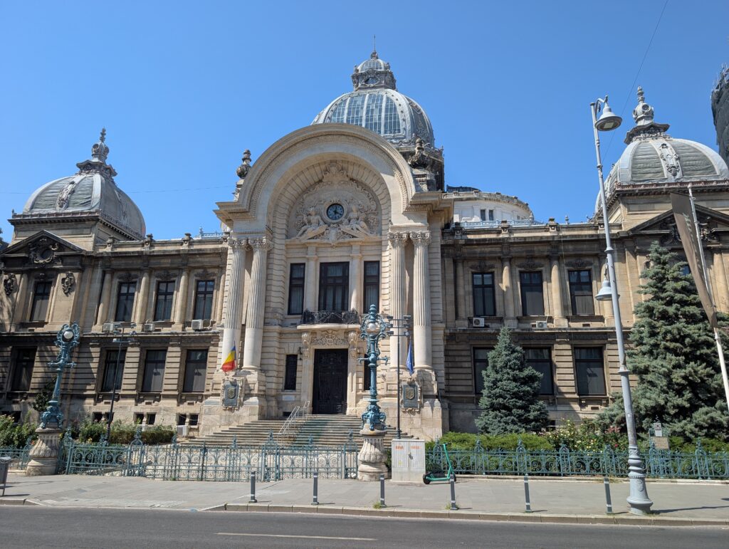 CEC Palace, a historic Beaux-Arts bank building located on Calea Victoriei in Bucharest.