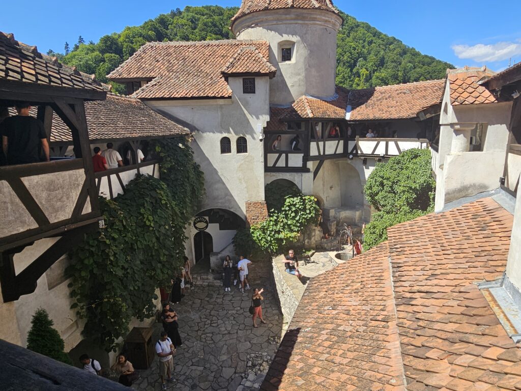 A look at the charming inner courtyard of Bran Castle in Transylvania, Romania.