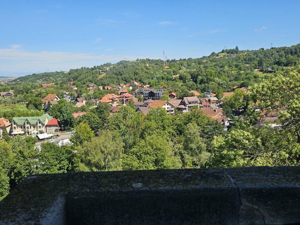 This view overlooks the town of Bran from the windows of Bran Castle in Transylvania, Romania.