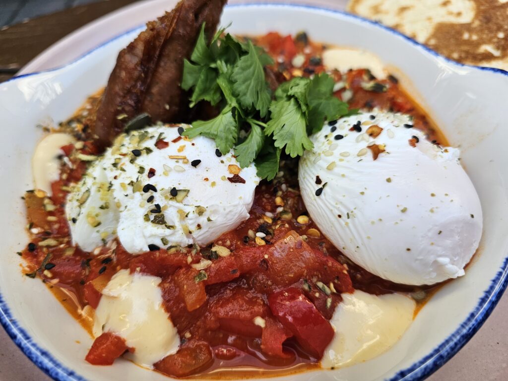 Bratislava Food Guide: Shakshuka with vegetarian sausage