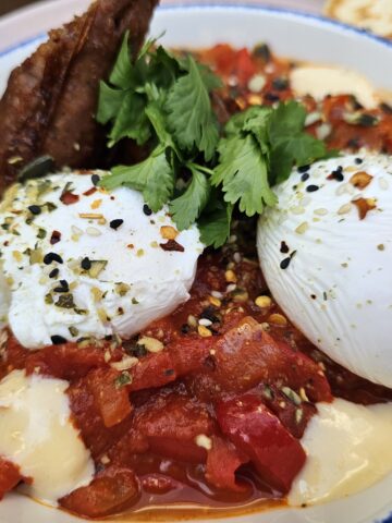 Bratislava Food Guide: Shakshuka with vegetarian sausage